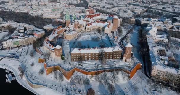Aerial View Wawel Royal Castle Covered Snow Vistula River Winter — Video