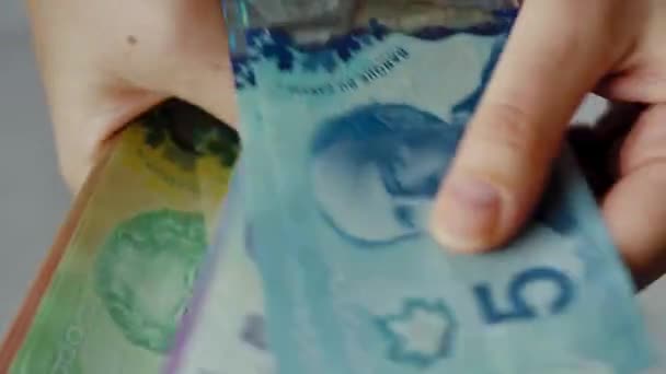 Женщины Считают Канадские Долларовые Купюры Крупным Планом Концепция Инвестиций Успеха — стоковое видео