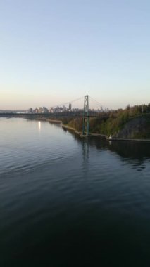 Dikey video. Şafakta Lions Gate Köprüsü ve Stanley Parkı 'nın havadan görüntüsü. Arka planda Vancouver şehir merkezi var. Britanya Kolombiyası Kanada. Farklı hızlarda çekilmiş - normal ve hızlandırılmış.
