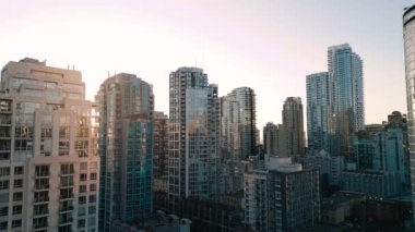 Aerial view of the skyscrapers at sunset. Downtown of Vancouver, British Columbia, Canada.