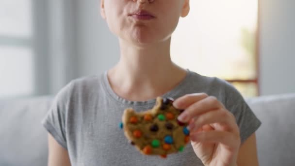 Hungry Woman Biting Chewing Colorful Chip Cookie Close Female Eating — Stock Video