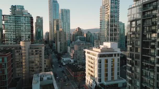 Vista Aerea Dei Grattacieli Tramonto Centro Vancouver Columbia Britannica Canada — Video Stock