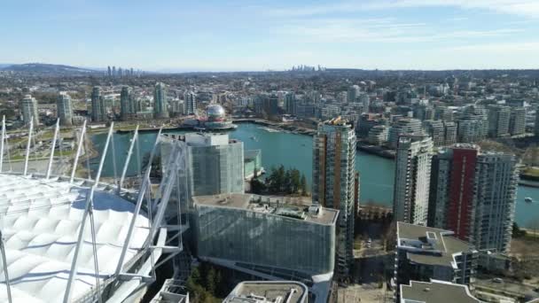 Flygfoto Över Centrum Vancouver British Columbia Kanada Byggnader Science World — Stockvideo