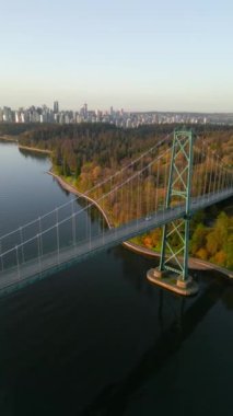 Dikey video. Şafakta Lions Gate Köprüsü ve Stanley Parkı 'nın havadan görüntüsü. Arka planda Vancouver şehir merkezi var. Britanya Kolombiyası Kanada. 