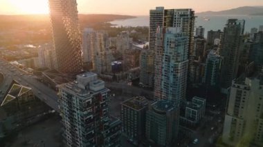 Aerial view of the skyscrapers at sunset. Downtown of Vancouver, British Columbia, Canada.