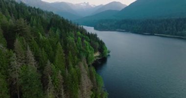 Kuzey Vancouver, British Columbia, Kanada 'daki Capilano Gölü ve dağ manzarası üzerinde insansız hava aracı görüntüsü.