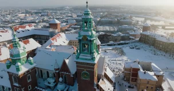 Aerial View Wawel Royal Castle Covered Snow Vistula River Winter — Stockvideo