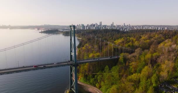 Aerial View Lions Gate Bridge Stanley Park Dawn Downtown Vancouver — Stock Video