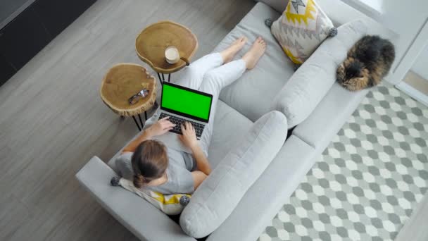 Colpo Testa Donna Che Utilizza Laptop Con Schermo Modello Verde — Video Stock