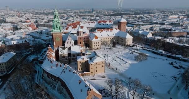 Aerial View Wawel Royal Castle Covered Snow Vistula River Winter — Stock Video