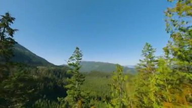 FPV Drone 'la dağ manzarası üzerinde manevra yapılabilir uçuş. Vancouver, British Columbia, Kanada yakınlarında çekilmiş.. 