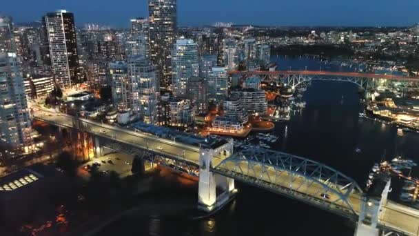 Impresionante Vista Aérea Sobre Centro Vancouver Por Noche Puente Granville — Vídeos de Stock