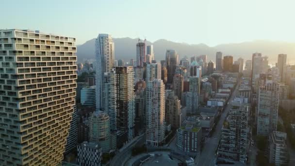 Letecký Pohled Mrakodrapy Centru Vancouveru Britská Kolumbie Kanada Úsvitu — Stock video