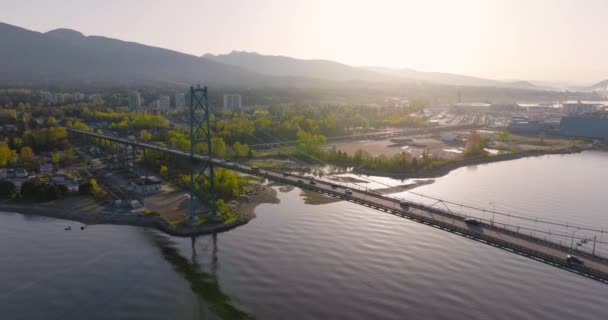 Повітряний Вид Міст Лайонс Гейт Гавань Ванкувера Західний Ванкувер Світанку — стокове відео