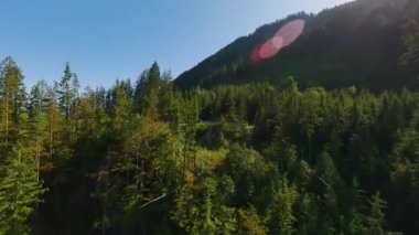 FPV Drone 'la dağ manzarası üzerinde manevra yapılabilir uçuş. Vancouver, British Columbia, Kanada yakınlarında çekilmiş.. 