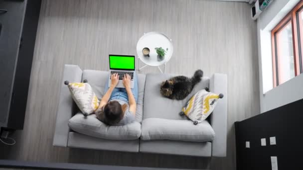 Nahoře Fotka Ženy Používá Notebook Zelenou Maketou Obrazovky Sedí Doma — Stock video