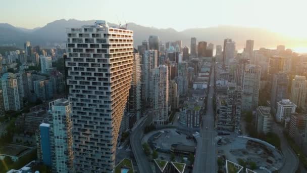 Vista Aérea Los Rascacielos Centro Vancouver Columbia Británica Canadá Amanecer — Vídeos de Stock