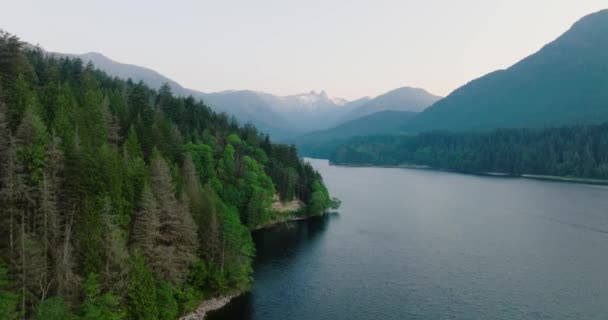 絵のように美しいカピラノ湖と北バンクーバー ブリティッシュコロンビア州 カナダの山の風景を見下ろす空中ドローンビュー — ストック動画