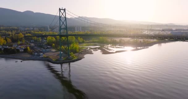 Вид Воздуха Мост Лайонс Гейт Гавань Ванкувера Западный Ванкувер Рассвете — стоковое видео