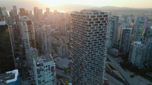 Légi Kilátás Felhőkarcolók Utak Belvárosában Vancouver Brit Columbia Kanada Hajnalban — Stock videók
