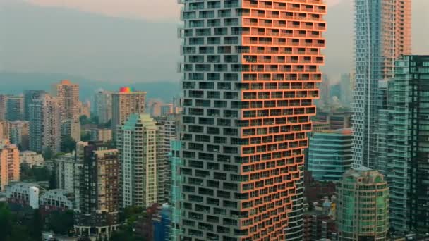 Aerial View Skyscrapers Downtown Vancouver British Columbia Canada Dawn Heavy — Stock Video