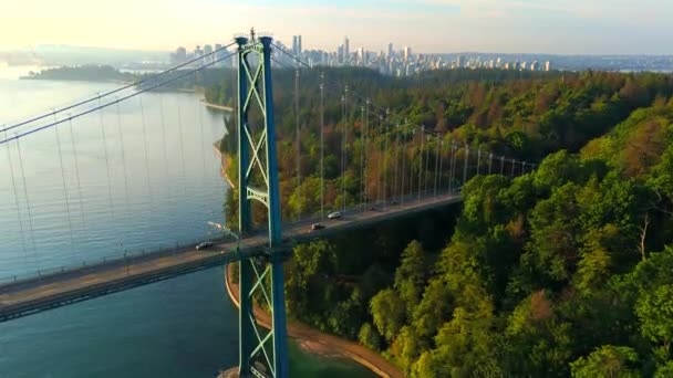 Ilmakuva Lions Gate Bridgestä Stanley Parkista Aamunkoitteessa Taustalla Vancouverin Keskusta — kuvapankkivideo