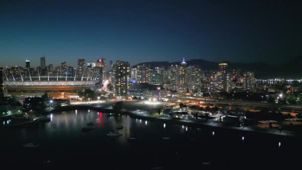 Splendida Vista Aerea Sul Centro Vancouver Notte Grattacieli Science World — Video Stock