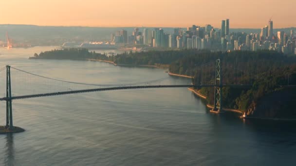 Вид Воздуха Мост Лайонс Гейт Парк Стэнли Рассвете Центр Ванкувера — стоковое видео