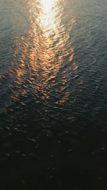 垂直录像 日落时的蓝色海面或海洋的空中视图 太阳在波浪上反射和闪耀 照亮了金色的大海 — 图库视频影像