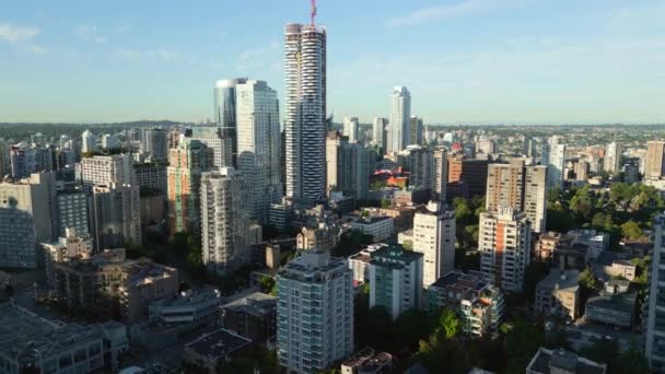 Flygfoto Över Skyskrapor Centrum Vancouver British Columbia Kanada Gryningen — Stockvideo