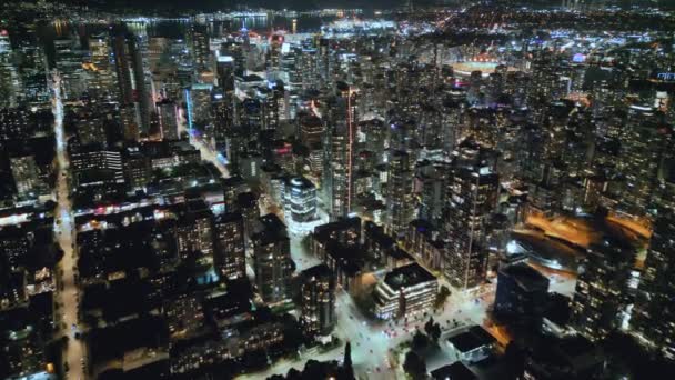 Lenyűgöző Légi Kilátás Vancouver Belvárosára Éjszaka Brit Columbia Kanada — Stock videók