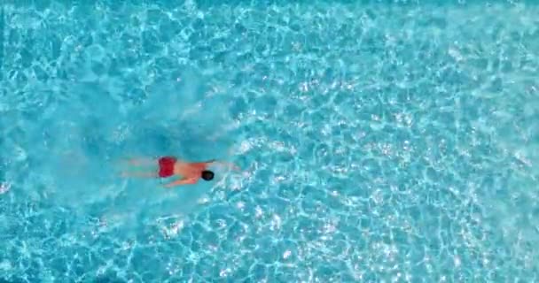 プールで泳ぐ赤いショートパンツの男のトップダウンビュー 夏のライフスタイル スローモーション — ストック動画