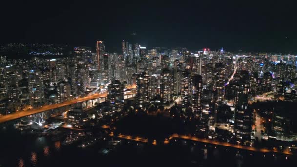 Prachtig Uitzicht Vanuit Lucht Het Centrum Van Vancouver Nachts Brits — Stockvideo