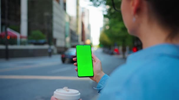 Woman Standing Street Using Smartphone Green Screen Back View Communication — Stock Video