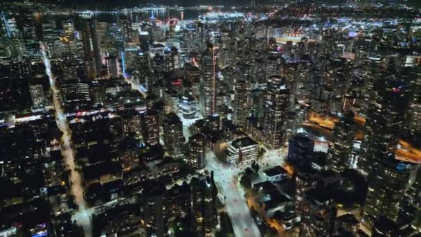 Geceleri Vancouver Merkezindeki Göz Kamaştırıcı Hava Manzarası British Columbia Kanada — Stok video
