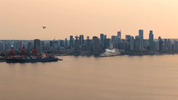 Вид Повітря Порт Ванкувера Центр Міста Фоні Заходу Сонця Британська — стокове відео