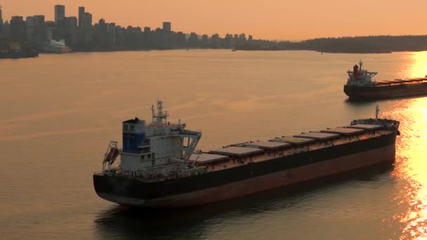 日落时分 温哥华港口附近的货运舱壁的空中景观 加拿大不列颠哥伦比亚省 — 图库视频影像