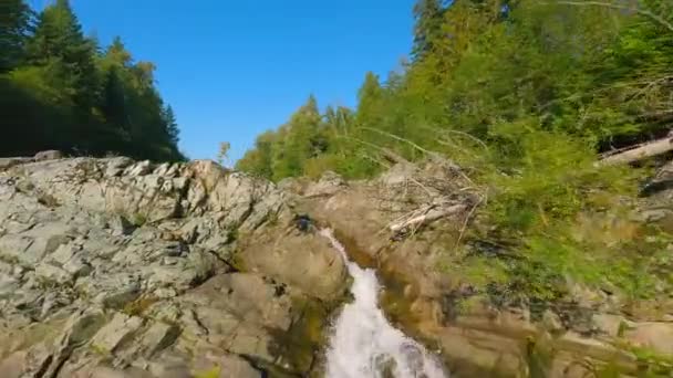 Fpv Drone Flight Fast Moving River Rapids Close Water Surrounded — Stock Video