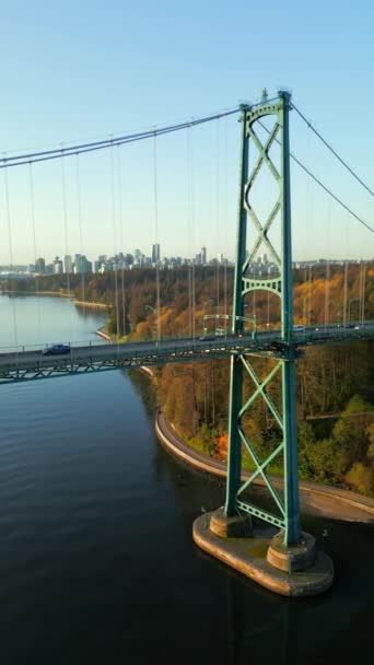 Aerial View Lions Gate Bridge Stanley Park Dawn Downtown Vancouver — Stock Video