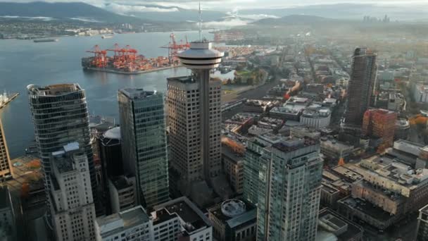 Flygfoto Över Vancouver Lookout Harbour Centre British Columbia Kanada Hamnen — Stockvideo
