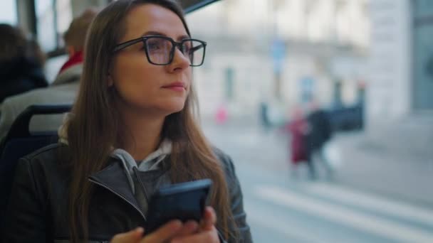 Public Transport Woman Tram Using Smartphone Chatting Texting Friends City — Vídeo de stock