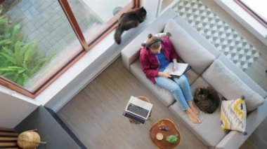 Kadının notlar yazıp konferans dinlemesi, evdeki kanepede uzanması. Yanında oturan tüylü kediler.