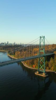 Aerial view of Lions Gate Bridge and Stanley Park at dawn. Downtown of Vancouver is on the background. British Columbia Canada. Filmed at different speed - normal and accelerated. Vertical video