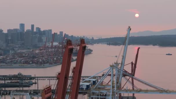 Vue Aérienne Port Vancouver Centre Ville Est Arrière Plan Coucher — Video