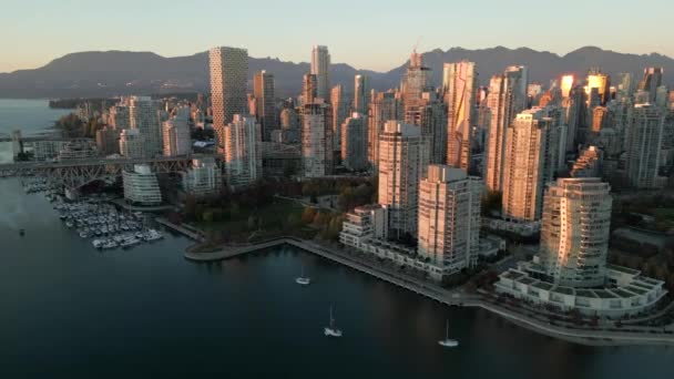 Aerial View Skyscrapers Downtown Mountains False Creek Vancouver British Columbia — Vídeo de stock