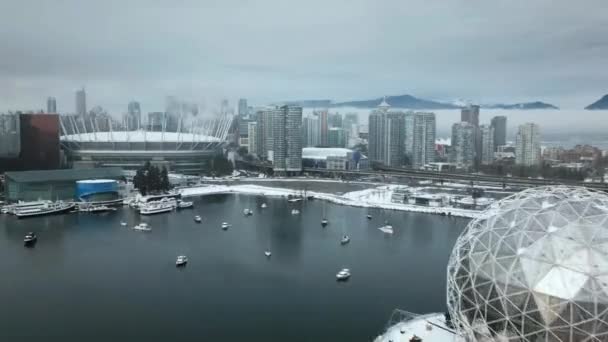 Neobvyklá Vzdušná Časová Prodleva Centra Vancouveru Pokrytá Zimě Sněhem Britská — Stock video