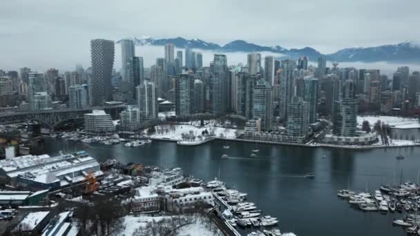 Ovanlig Antenn Tid Förflutit Centrum Vancouver Täckt Med Snö Vintern — Stockvideo