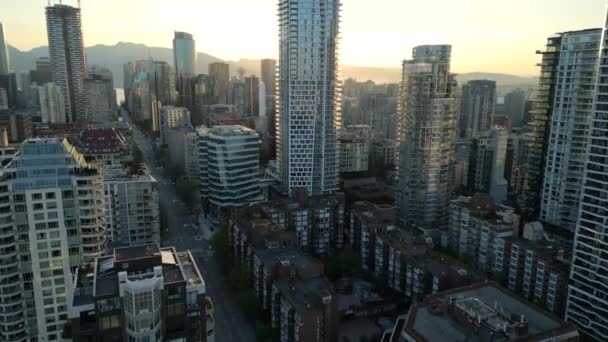 Flygfoto Över Skyskrapor Centrum Vancouver British Columbia Kanada Gryningen — Stockvideo