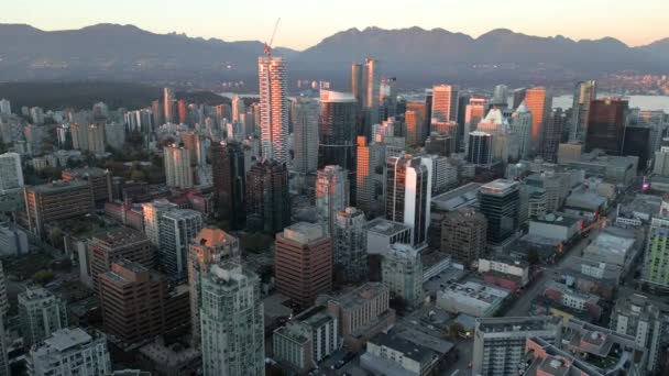 Impresionante Vista Aérea Sobre Centro Vancouver Atardecer Columbia Británica Canadá — Vídeo de stock