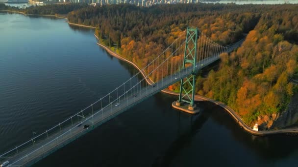 Vista Aérea Lions Gate Bridge Stanley Park Amanhecer Centro Vancouver — Vídeo de Stock